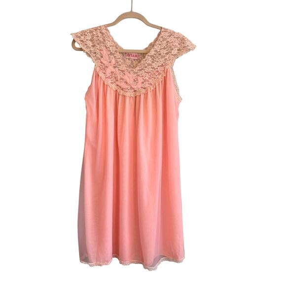 Vintage 60s Avian Babydoll Nightgown Womens S Peach Chiffon Lounge Lace Romantic